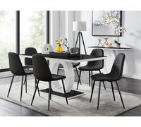 Furniturebox Giovani Rectangular 6 Seat White High Gloss Unique Halo Dining Table Black Glass Top 6 Black Faux Leather Black Leg Corona Chairs