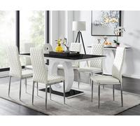 Furnitureboxuk Giovani Rectangular 6 Seat White High Gloss Unique Halo Dining Table Black Glass Top 6 Faux Leather Silver Leg Milan Chairs White
