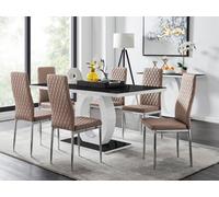 FurnitureboxUK Giovani Rectangular 6 Seat White High Gloss Unique Halo Dining Table Black Glass Top 6 Faux Leather Silver Leg Milan Chairs in Beige FurnitureboxUK Beige