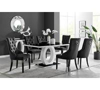Furniturebox Giovani Rectangular 6 Seat White High Gloss Unique Halo Dining Table Black Glass Top 6 Black Velvet Black Leg Belgravia Chairs
