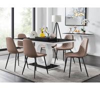 Furniturebox Giovani Rectangular 6 Seat White High Gloss Unique Halo Dining Table Black Glass Top 6 Beige Faux Leather Black Leg Corona Chairs