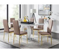Furniturebox Giovani Rectangular 6 Seat White High Gloss Unique Halo Dining Table Grey Glass Top 6 Beige Faux Leather Gold Leg Milan Chairs