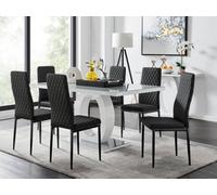 Furniturebox Giovani Rectangular 6 Seat White High Gloss Unique Halo Dining Table Grey Glass Top 6 Black Faux Leather Black Leg Milan Chairs