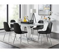 Furniturebox Giovani Rectangular 6 Seat White High Gloss Unique Halo Dining Table Grey Glass Top 6 Black Faux Leather Silver Leg Corona Chairs