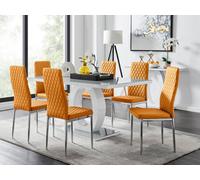 Furniturebox Giovani Rectangular 6 Seat White High Gloss Unique Halo Dining Table Grey Glass Top 6 Mustard Faux Leather Silver Leg Milan Chairs
