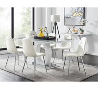 Furniturebox Giovani Rectangular 6 Seat White High Gloss Unique Halo Dining Table Grey Glass Top 6 White Faux Leather Silver Leg Corona Chairs