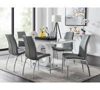 Furniturebox Giovani Rectangular 6 Seat White High Gloss Unique Halo Structural Dining Table Grey Glass Top 6 Grey Faux Leather Isco Chairs