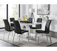 Furniturebox Giovani Rectangular 6 Seat White High Gloss Unique Halo Structural Dining Table Grey Glass Top 6 Black Faux Leather Isco Chairs