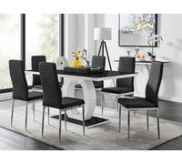 FurnitureboxUK Giovani Rectangular 6 Seat White High Gloss Unique Halo Dining Table Black Glass Top 6 Faux Leather Silver Leg Milan Chairs FurnitureboxUK Black