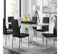 Furniturebox Giovani Rectangular 6 Seat White High Gloss Unique Halo Dining Table Grey Glass Top 6 Black Faux Leather Silver Leg Milan Chairs