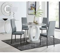 Furniturebox Giovani Round 4 Seat 100Cm White High Gloss Halo Base Grey Glass Top Dining Table 4 Beige Faux Leather Black Leg Milan Chairs