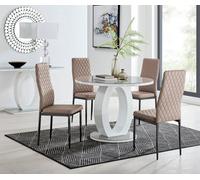 Furniturebox Giovani Round 4 Seat 100Cm White High Gloss Halo Base Grey Glass Top Dining Table 4 Beige Faux Leather Black Leg Milan Chairs