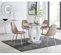 FurnitureboxUK Giovani Round 4 Seat 100cm White High Gloss Halo Base Grey Glass Top Dining Table 4 Soft Faux Leather Silver Leg Corona Chairs in Beige FurnitureboxUK Beige