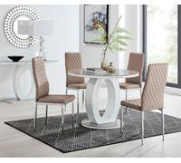FurnitureboxUK Giovani Round 4 Seat 100cm White High Gloss Halo Base Grey Glass Top Dining Table 4 Soft Faux Leather Silver Leg Milan Chairs in Beige FurnitureboxUK Beige