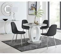 FurnitureboxUK Giovani Round 4 Seat 100cm White High Gloss Halo Base Grey Glass Top Dining Table 4 Soft Faux Leather Silver Leg Corona Chairs in Black FurnitureboxUK Black