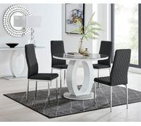 FurnitureboxUK Giovani Round 4 Seat 100cm White High Gloss Halo Base Grey Glass Top Dining Table 4 Soft Faux Leather Silver Leg Milan Chairs in Black FurnitureboxUK Black