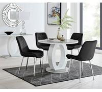 FurnitureboxUK Giovani Round 4 Seat 100cm White High Gloss Halo Base Grey Glass Top Dining Table 4 Soft Velvet Silver Leg Pesaro Chairs in Black FurnitureboxUK Black