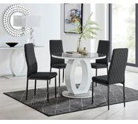 Furniturebox Giovani Round 4 Seat 100Cm White High Gloss Halo Base Grey Glass Top Dining Table 4 Black Faux Leather Black Leg Milan Chairs