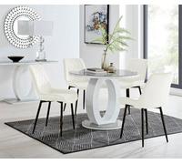 Furniturebox Giovani Round 4 Seat 100Cm White High Gloss Halo Base Grey Glass Top Dining Table 4 Cream Velvet Black Leg Pesaro Chairs
