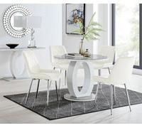 FurnitureboxUK Giovani Round 4 Seat 100cm White High Gloss Halo Base Grey Glass Top Dining Table 4 Soft Velvet Silver Leg Pesaro Chairs in Cream FurnitureboxUK Cream