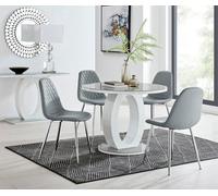 Furniturebox Giovani Round 4 Seat 100Cm White High Gloss Halo Base Grey Glass Top Dining Table 4 Grey Faux Leather Silver Leg Corona Chairs