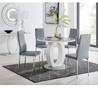FurnitureboxUK Giovani Round 4 Seat 100cm White High Gloss Halo Base Grey Glass Top Dining Table 4 Soft Faux Leather Silver Leg Milan Chairs FurnitureboxUK Grey