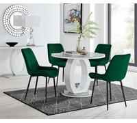 Furniturebox Giovani Round 4 Seat 100Cm White High Gloss Halo Base Grey Glass Top Dining Table 4 Green Velvet Black Leg Pesaro Chairs