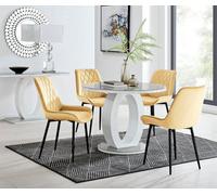 Furniturebox Giovani Round 4 Seat 100Cm White High Gloss Halo Base Grey Glass Top Dining Table 4 Mustard Velvet Black Leg Pesaro Chairs