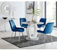 FurnitureboxUK Giovani Round 4 Seat 100cm White High Gloss Halo Base Grey Glass Top Dining Table 4 Soft Velvet Silver Leg Pesaro Chairs in Navy FurnitureboxUK Navy