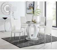 FurnitureboxUK Giovani Round 4 Seat 100cm White High Gloss Halo Base Grey Glass Top Dining Table 4 Soft Faux Leather Silver Leg Milan Chairs FurnitureboxUK White