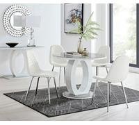 FurnitureboxUK Giovani Round 4 Seat 100cm White High Gloss Halo Base Grey Glass Top Dining Table 4 Soft Faux Leather Silver Leg Corona Chairs FurnitureboxUK White