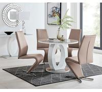 Furniturebox Giovani Round 4 Seat 100Cm White High Gloss Unique Halo Base Grey Glass Top Dining Table 4 Beige Faux Leather Willow Chairs