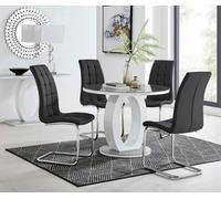 Furniturebox Giovani Round 4 Seat 100Cm White High Gloss Unique Halo Base Grey Glass Top Dining Table 4 Black Faux Leather Murano Chairs
