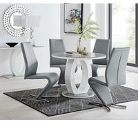 Furniturebox Giovani Round 4 Seat 100Cm White High Gloss Unique Halo Base Grey Glass Top Dining Table 4 Grey Faux Leather Willow Chairs
