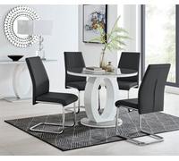 FurnitureboxUK Giovani Round 4 Seat 100cm White High Gloss Unique Halo Base Grey Glass Top Dining Table 4 Soft Faux Leather Lorenzo Chairs in Black FurnitureboxUK Black