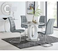 Furniturebox Giovani Round 4 Seat 100Cm White High Gloss Unique Halo Base Grey Glass Top Dining Table 4 Grey Faux Leather Murano Chairs