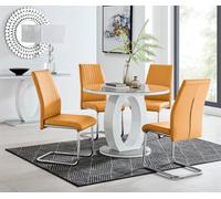 FurnitureboxUK Giovani Round 4 Seat 100cm White High Gloss Unique Halo Base Grey Glass Top Dining Table 4 Soft Faux Leather Lorenzo Chairs FurnitureboxUK Grey
