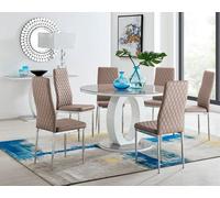 Furniturebox Giovani Round 6 Seat 120Cm White High Gloss Halo Base Grey Glass Top Dining Table 6 Beige Faux Leather Silver Leg Milan Chairs