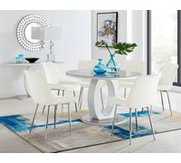 Furniturebox Giovani Round 6 Seat 120Cm White High Gloss Halo Base Grey Glass Top Dining Table 6 Cream Velvet Silver Leg Pesaro Chairs
