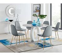 Furniturebox Giovani Round 6 Seat 120Cm White High Gloss Halo Base Grey Glass Top Dining Table 6 Grey Faux Leather Gold Leg Corona Chairs