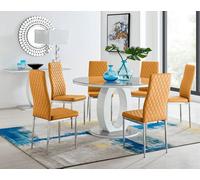 Furniturebox Giovani Round 6 Seat 120Cm White High Gloss Halo Base Grey Glass Top Dining Table 6 Mustard Faux Leather Silver Leg Milan Chairs