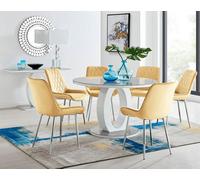 Furniturebox Giovani Round 6 Seat 120Cm White High Gloss Halo Base Grey Glass Top Dining Table 6 Mustard Velvet Silver Leg Pesaro Chairs