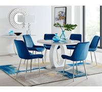 Furniturebox Giovani Round 6 Seat 120Cm White High Gloss Halo Base Grey Glass Top Dining Table 6 Navy Velvet Silver Leg Pesaro Chairs