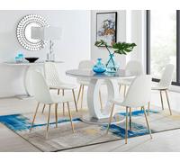 Furniturebox Giovani Round 6 Seat 120Cm White High Gloss Halo Base Grey Glass Top Dining Table 6 White Faux Leather Gold Leg Corona Chairs