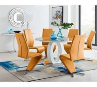Furniturebox Giovani Round 6 Seat 120Cm White High Gloss Unique Halo Base Grey Glass Top Dining Table 6 Mustard Faux Leather Willow Chairs