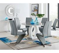 Furniturebox Giovani Round 6 Seat 120Cm White High Gloss Unique Halo Base Grey Glass Top Dining Table 6 Grey Faux Leather Willow Chairs