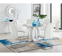 Furniturebox Giovani Round 6 Seat 120Cm White High Gloss Unique Halo Base Grey Glass Top Dining Table 6 White Faux Leather Lorenzo Chairs