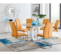 Furniturebox Giovani Round 6 Seat 120Cm White High Gloss Unique Halo Base Grey Glass Top Dining Table 6 Mustard Faux Leather Lorenzo Chairs