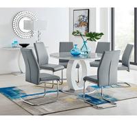 Furniturebox Giovani Round 6 Seat 120Cm White High Gloss Unique Halo Base Grey Glass Top Dining Table 6 Grey Faux Leather Lorenzo Chairs