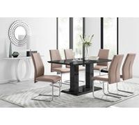 Furniturebox Imperia Black High Gloss 6 Seater Dining Table With Structural 2 Plinth Column Legs 6 Beige Faux Leather Lorenzo Cantilever Chairs